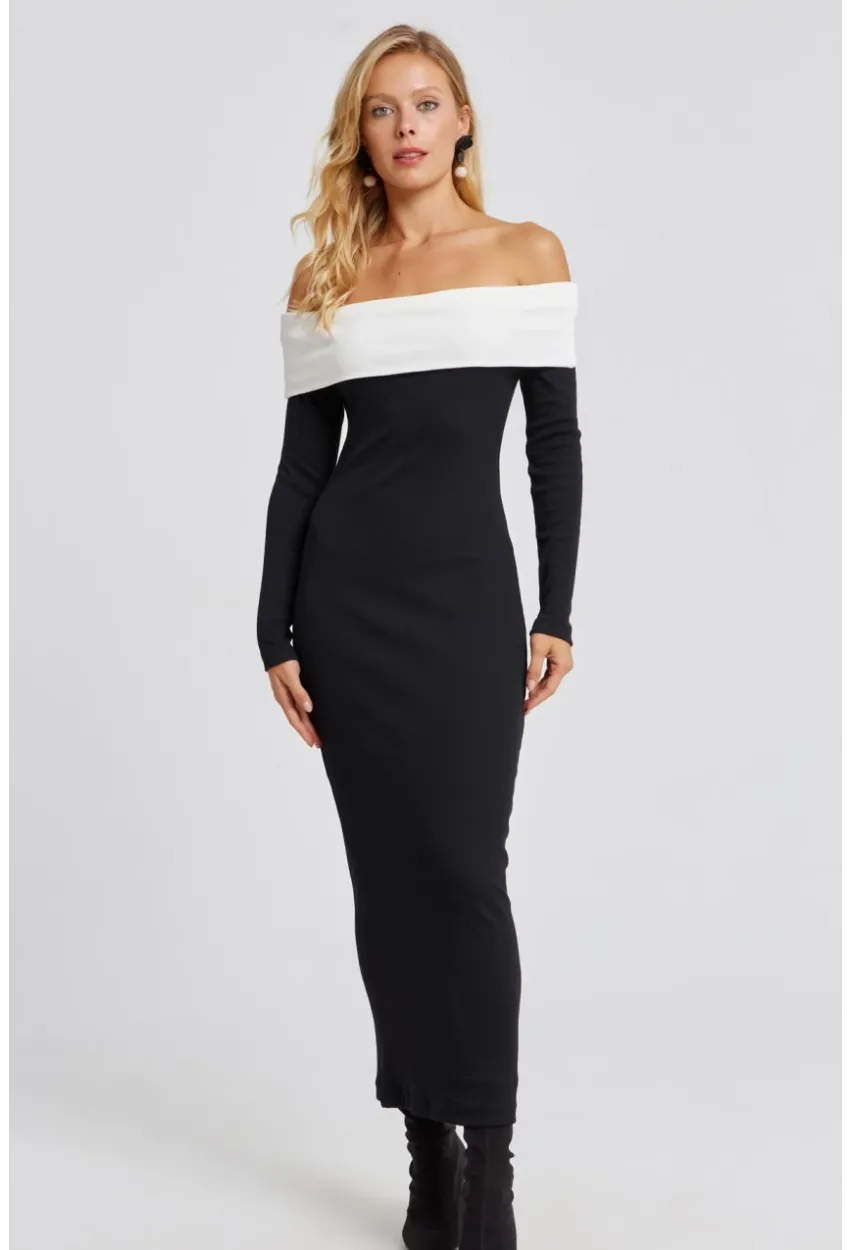 Kadın Siyah Madonna Yaka Maxi Elbise EY2696