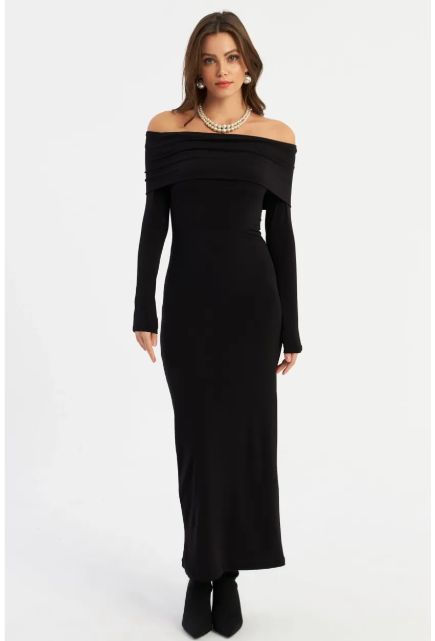 Kadın Siyah Madonna Yaka Maxi Elbise LİK10