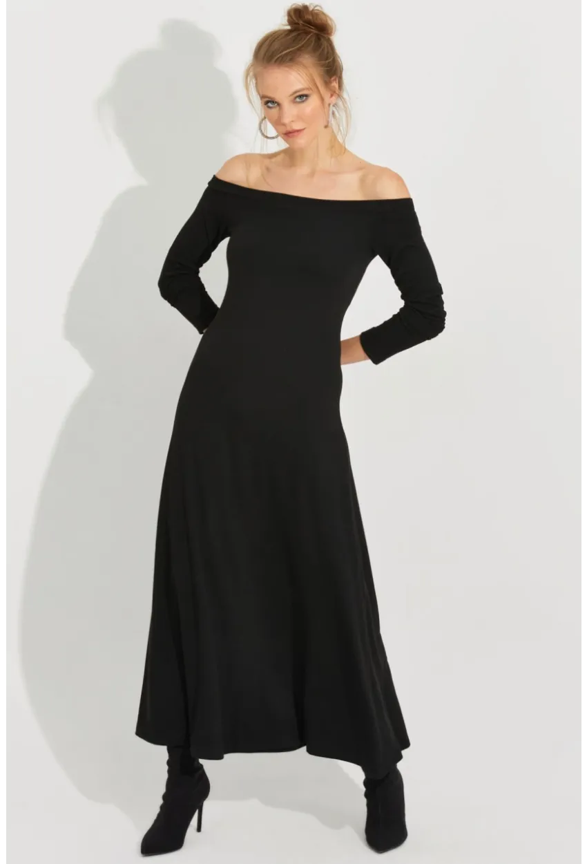 Kadın Siyah Madonna Yaka Midi Elbise BK272076