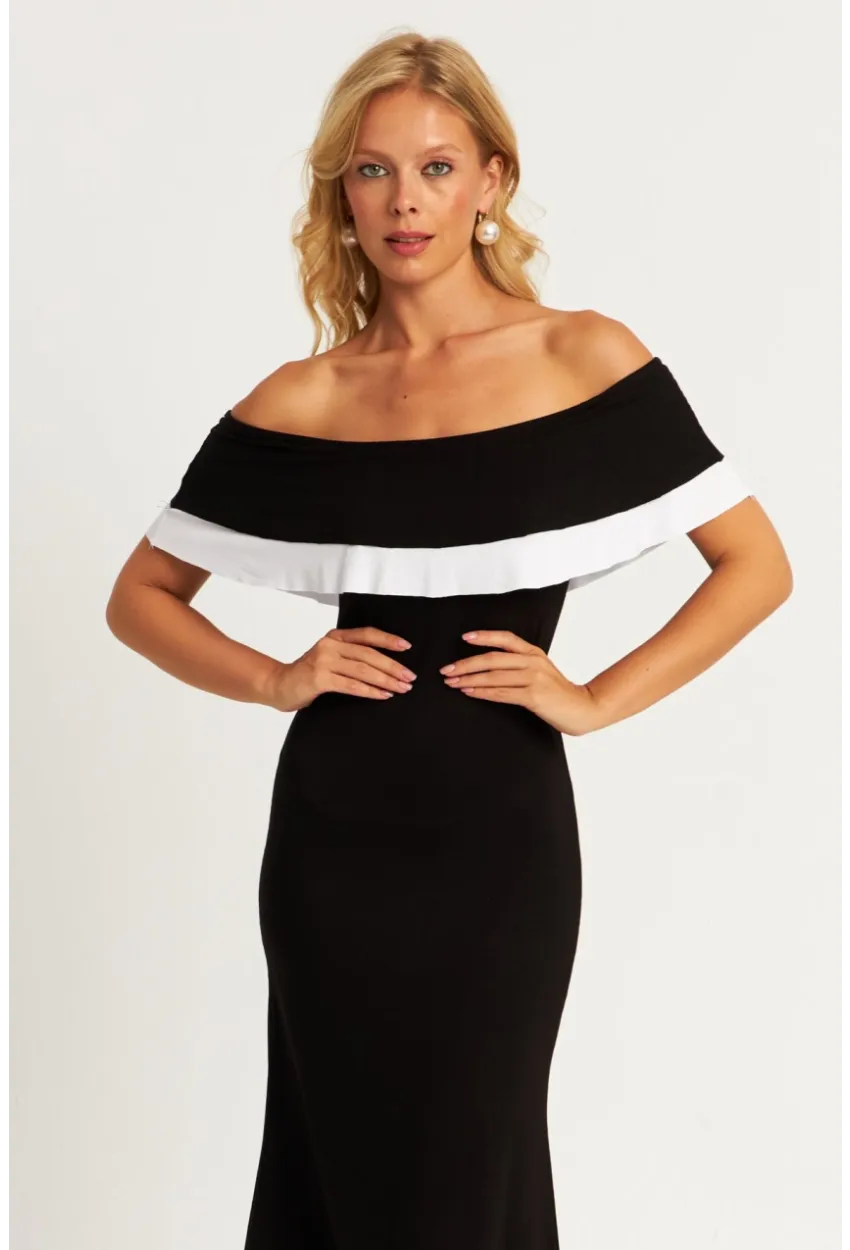 Kadın Siyah Madonna Yaka Midi Elbise EY2840