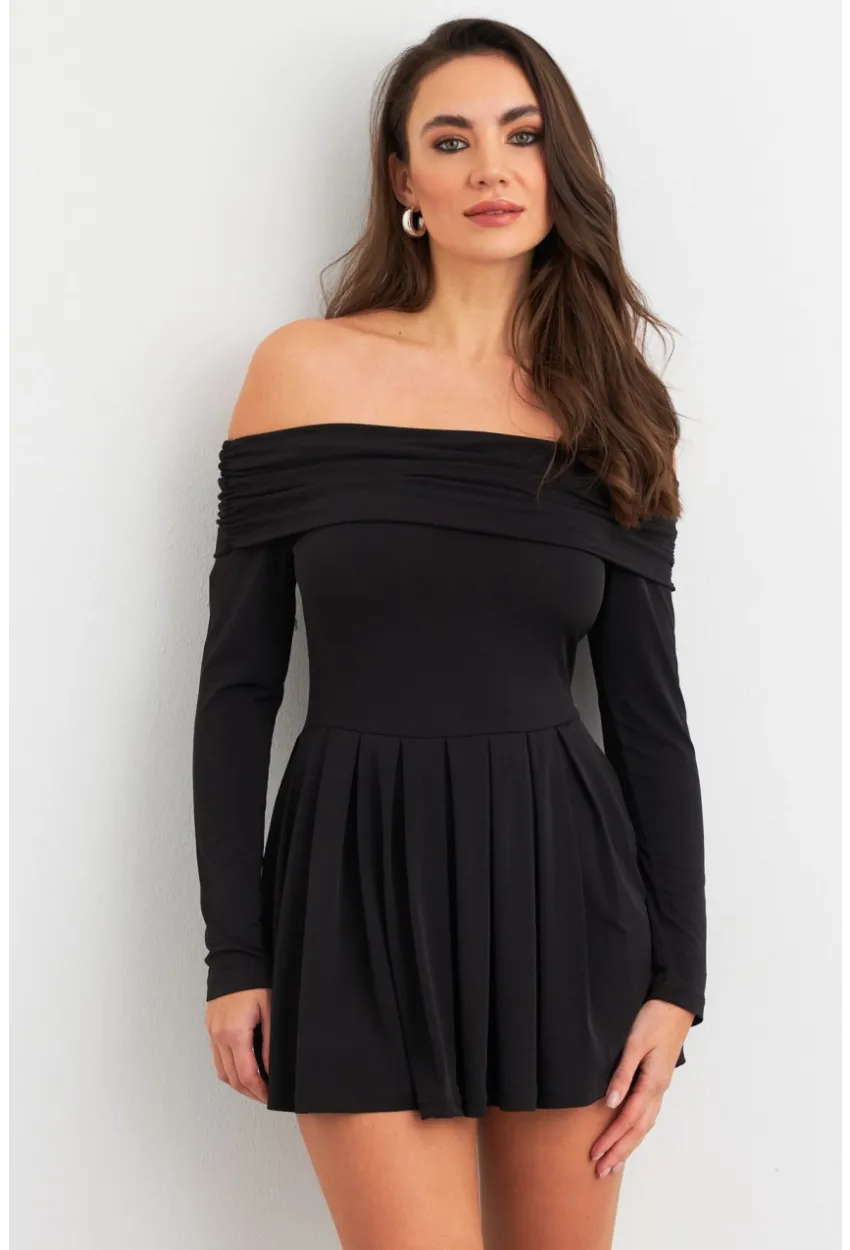 Kadın Siyah Madonna Yaka Midi Elbise MON1262