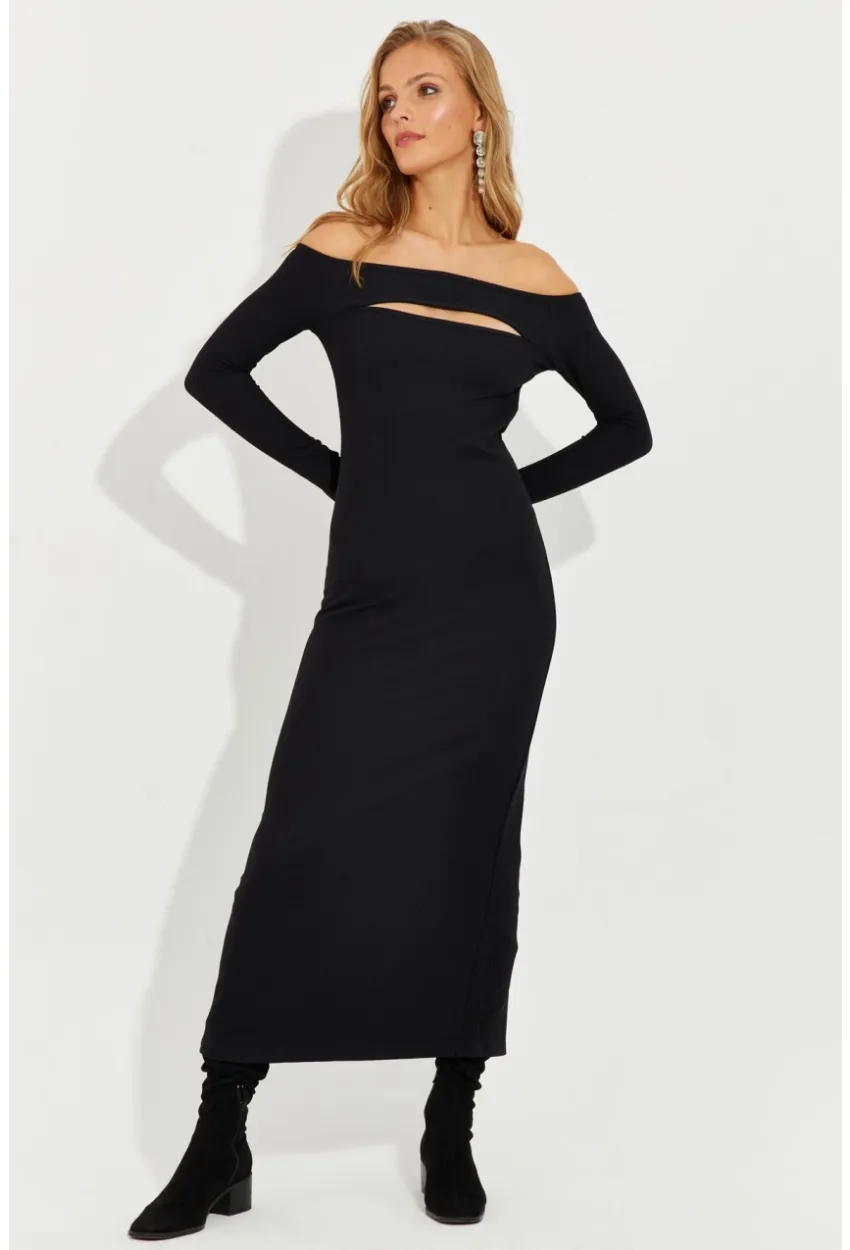 Kadın Siyah Madonna Yaka Pencereli Midi Elbise RMZ21163