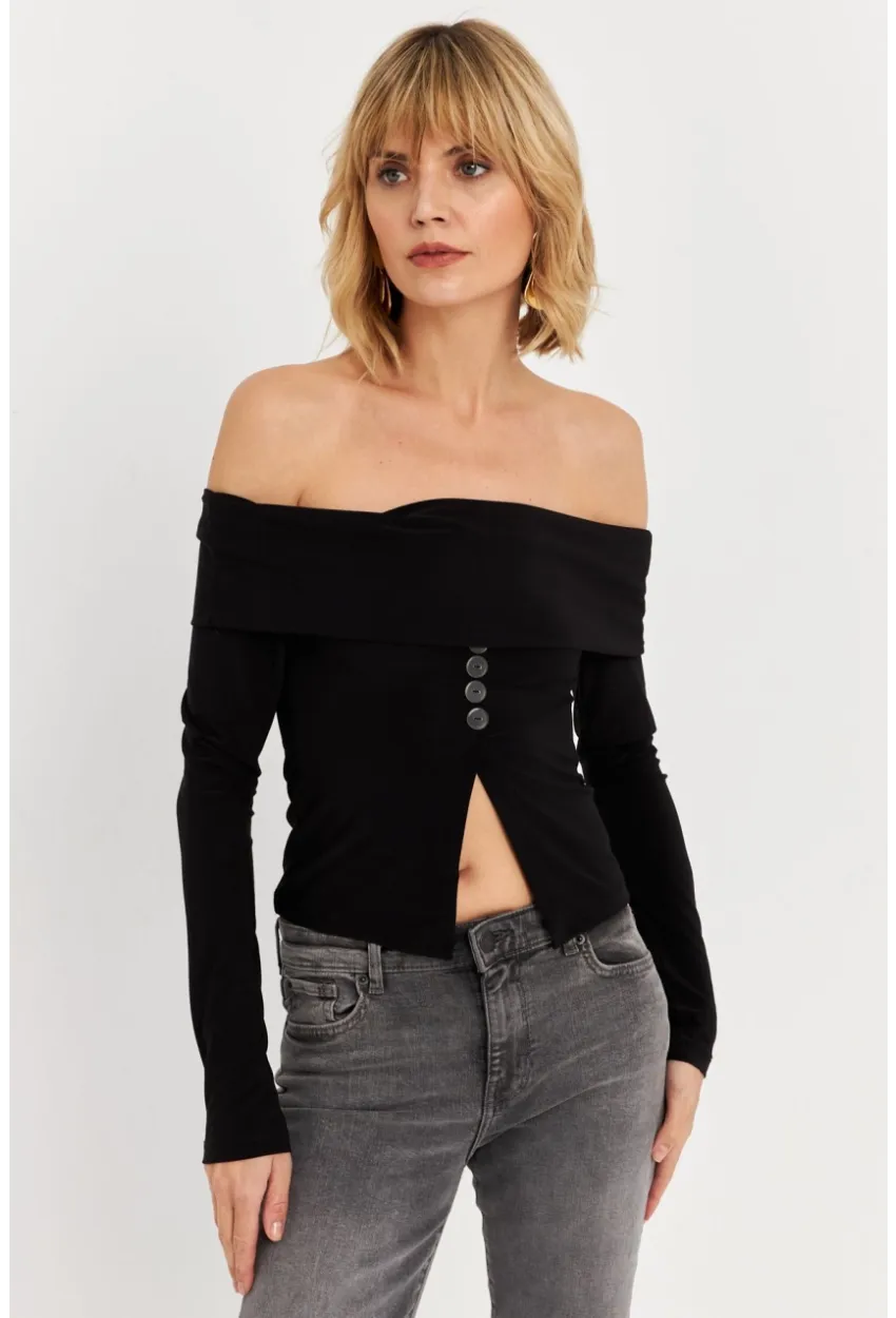 Kadın Siyah Madonna Yaka Yırtmaçlı Crop Bluz ELT4034