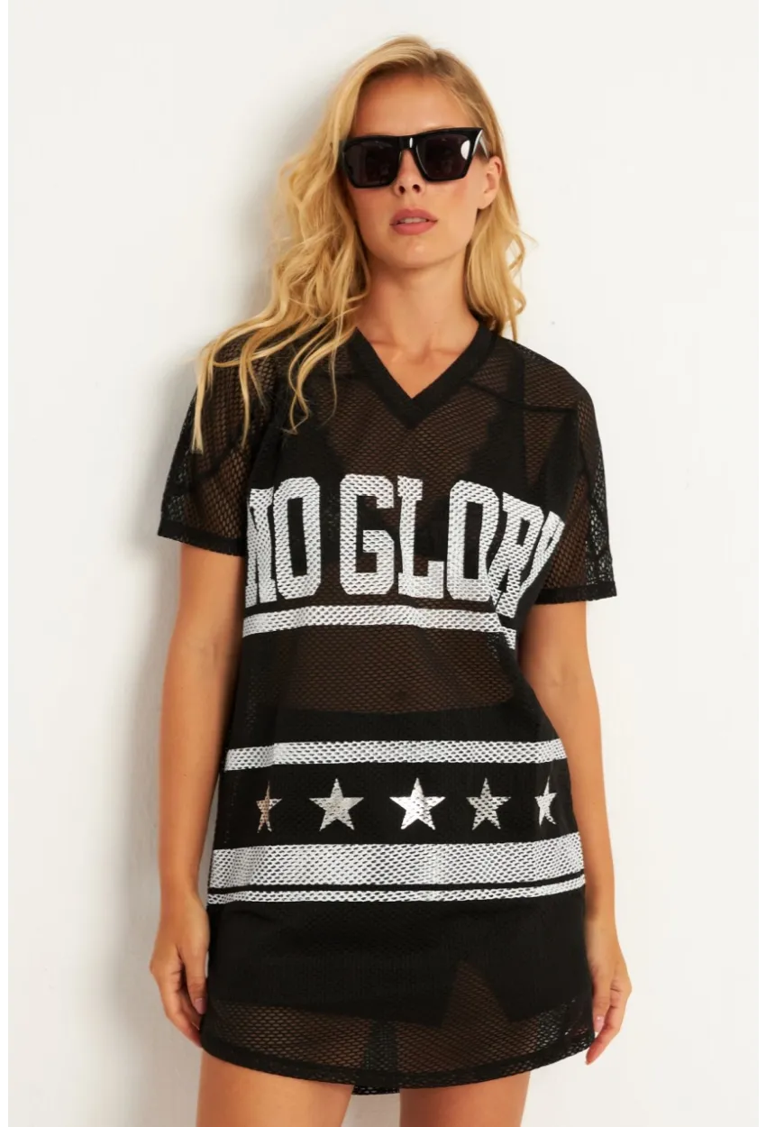 Kadın Siyah Mini File Baskılı Elbise TH1112