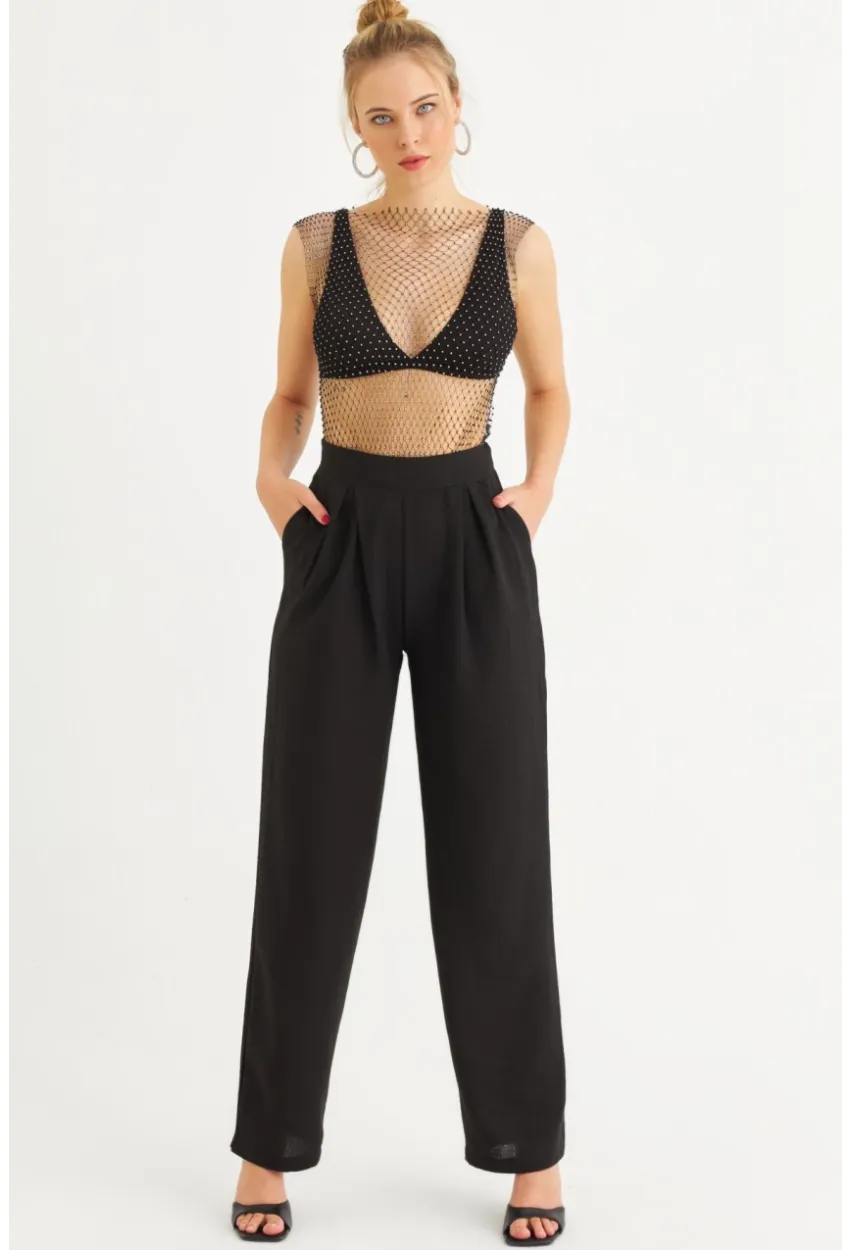 Kadın Siyah Muslin Cepli Pantolon RSP5003
