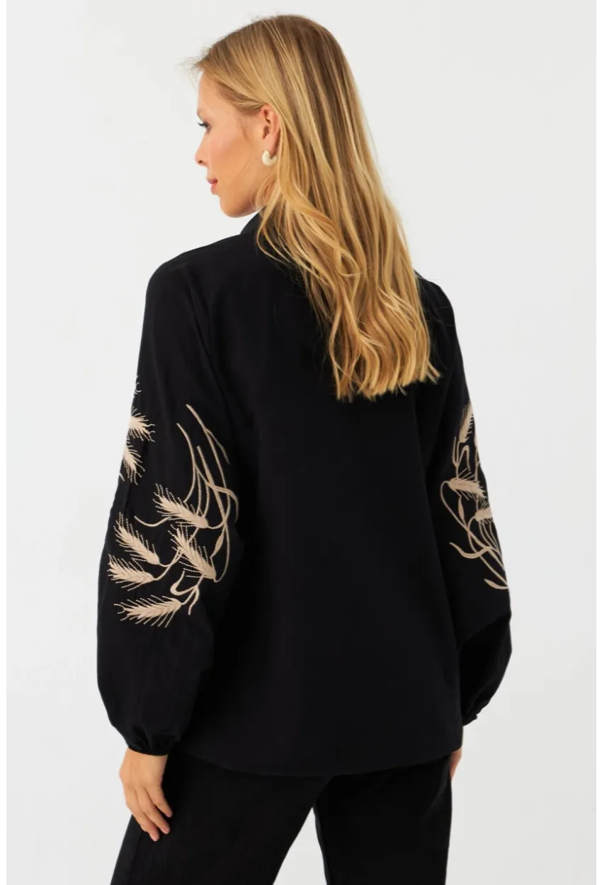 Kadın Siyah Nakışlı Balon Kol Gömlek MQS5603