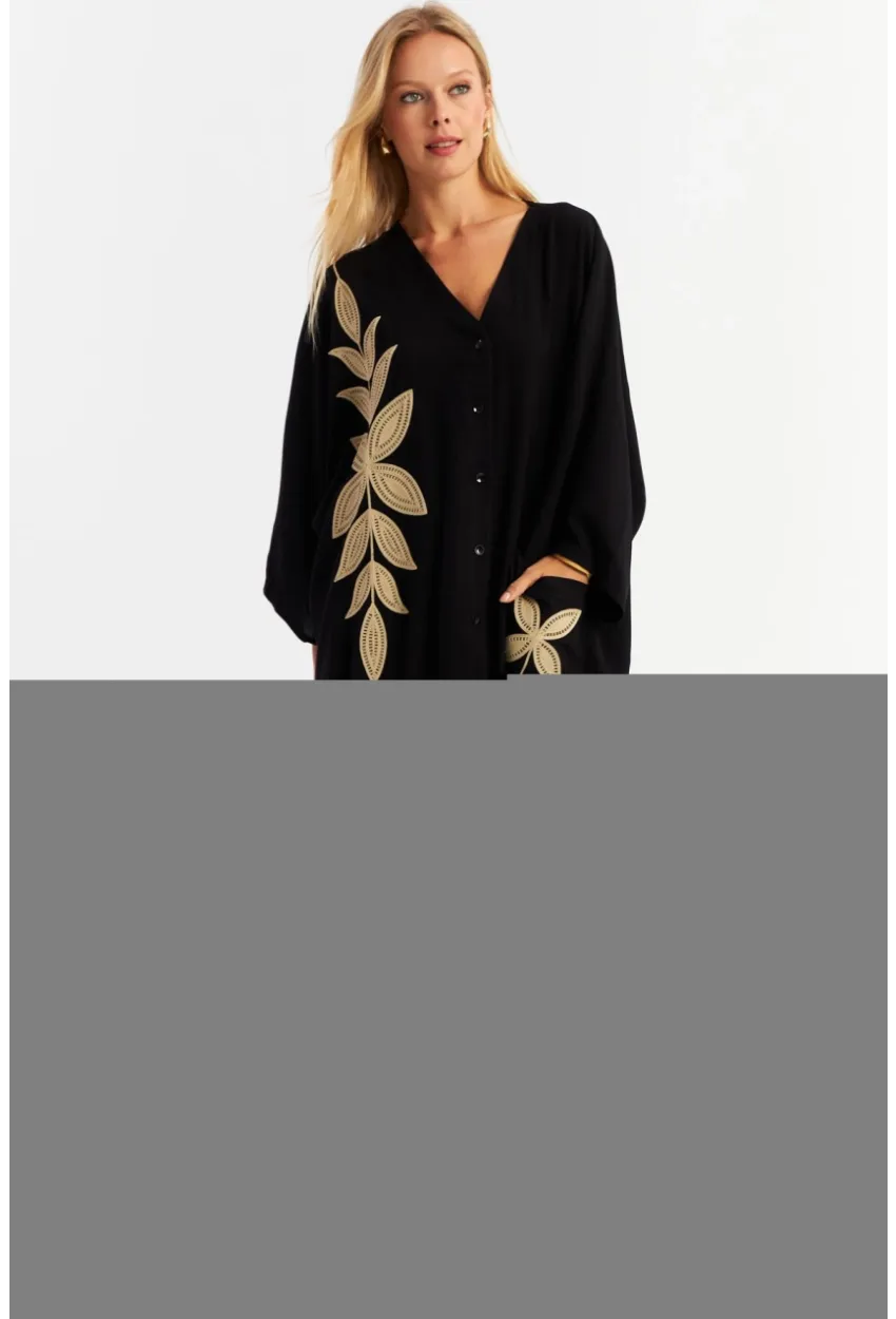 Kadın Siyah Nakışlı Cepli Maxi Elbise ALO13