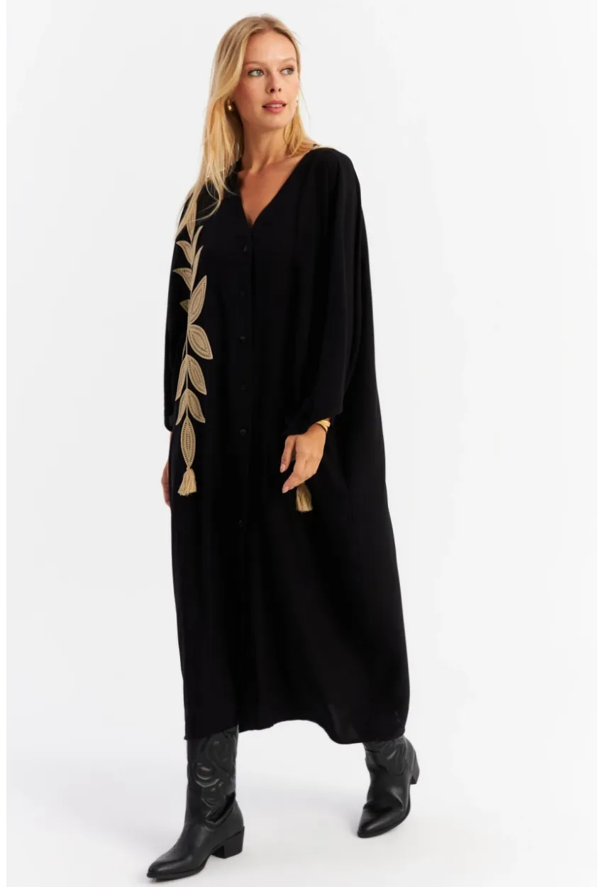 Kadın Siyah Nakışlı Cepli Maxi Elbise MALO13