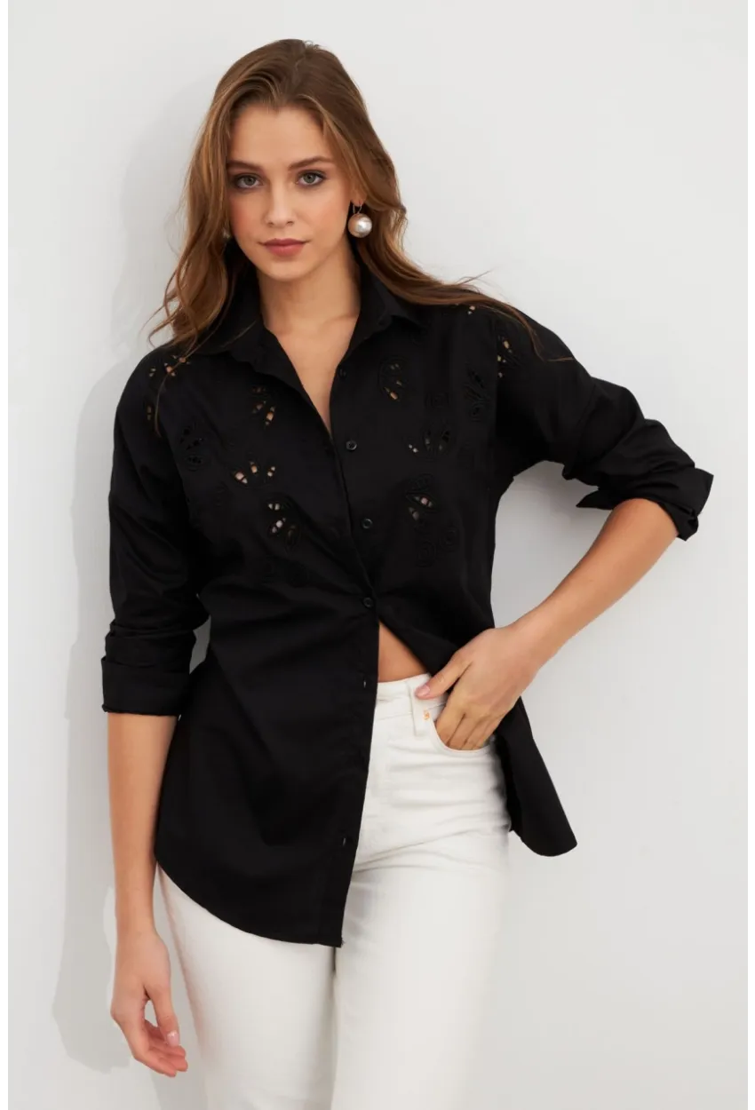 Kadın Siyah Nakışlı Gömlek DAF5017