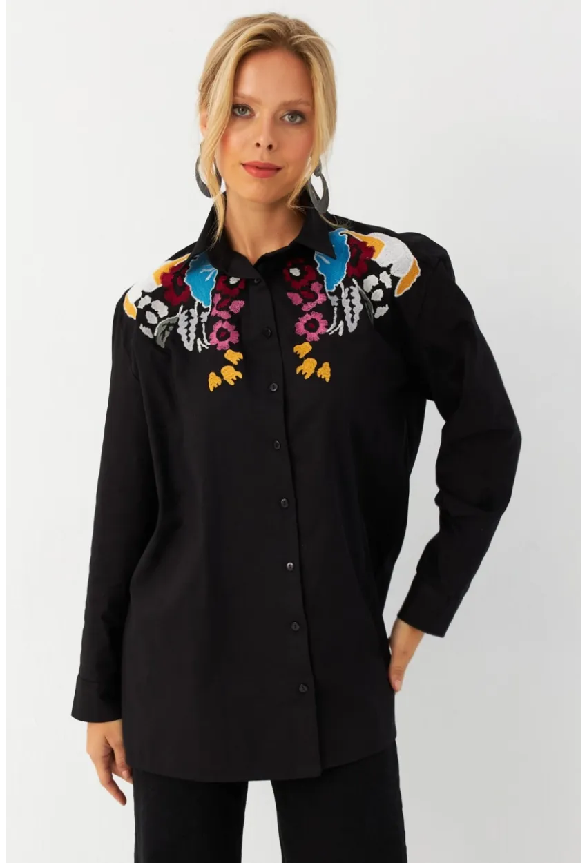 Kadın Siyah Nakışlı Gömlek MQS0063