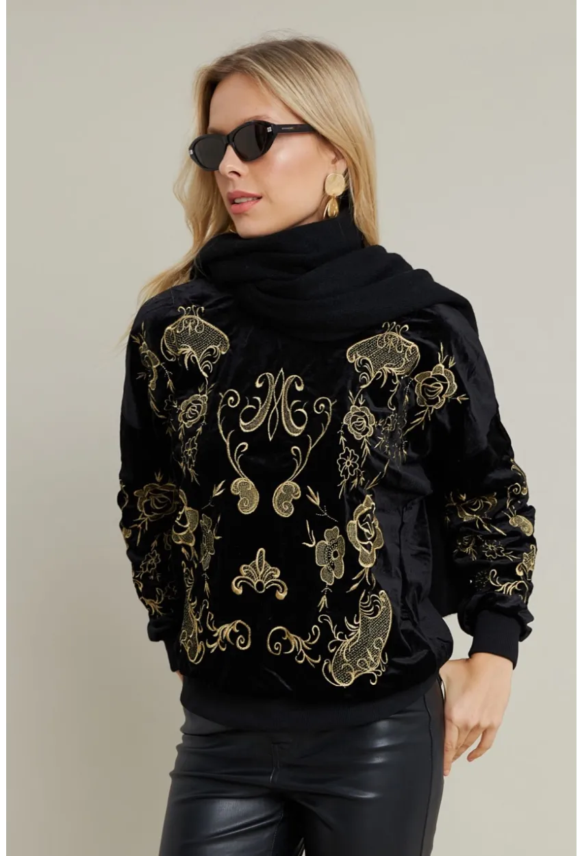 Kadın Siyah Nakışlı Kadife Sweatshirt MQS1229