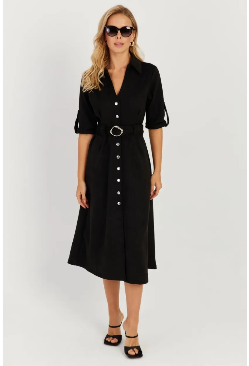 Kadın Siyah Nubuk Midi Gömlek Elbise KED4023