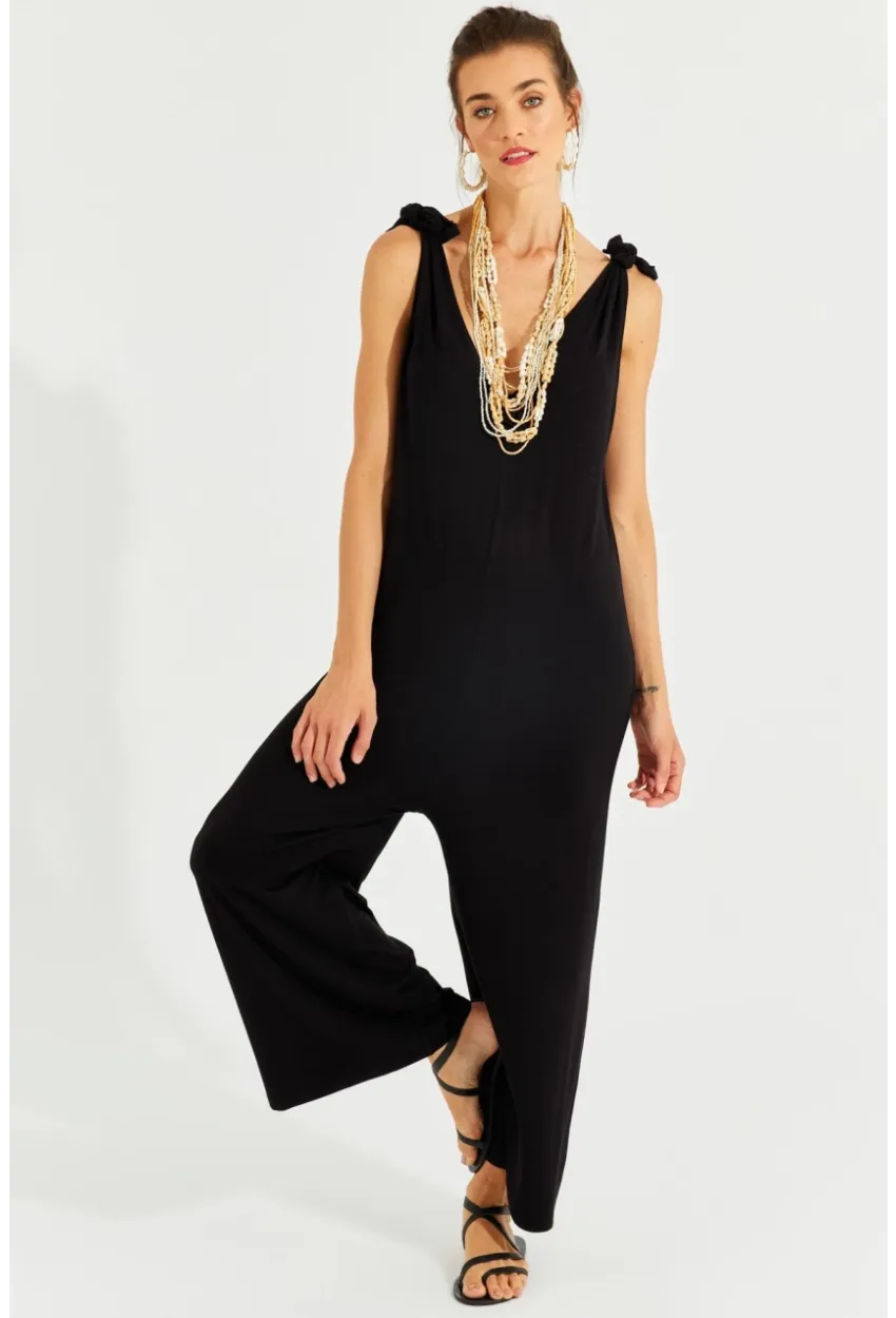 Kadın Siyah Omuz Bağlamalı Salaş Tulum ST1678