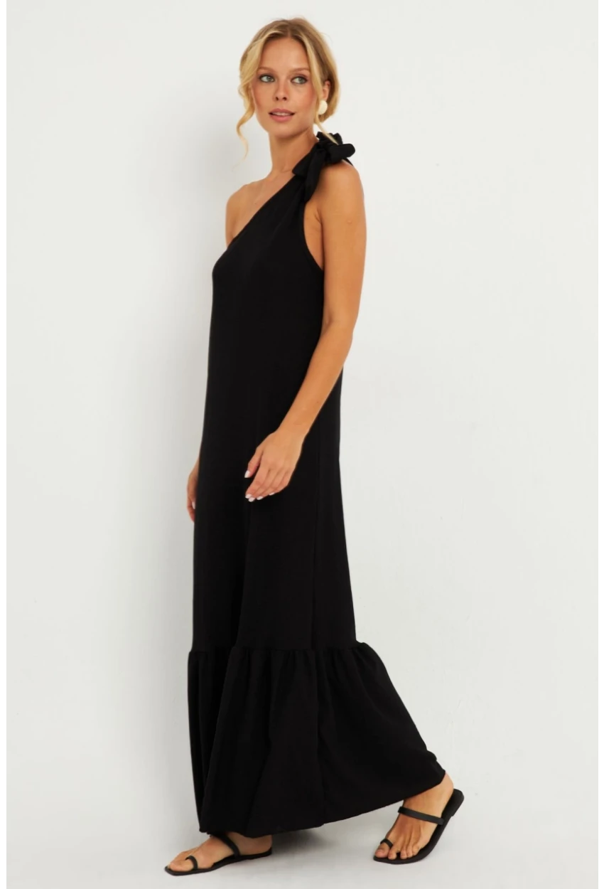 Kadın Siyah Omuz Fiyonklu Bürümcük Midi Elbise EY2800