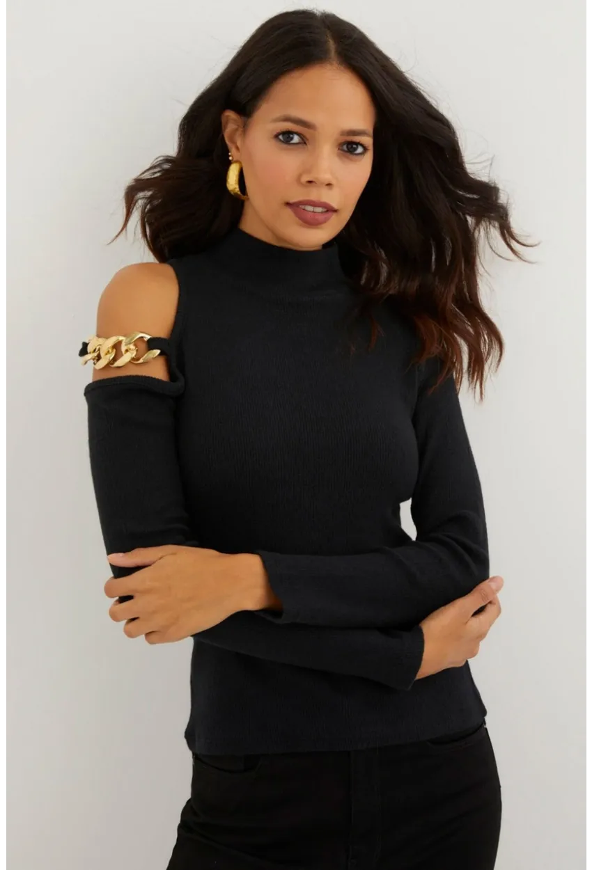 Kadın Siyah Omuzları Açık Zincirli Triko Bluz SF2005