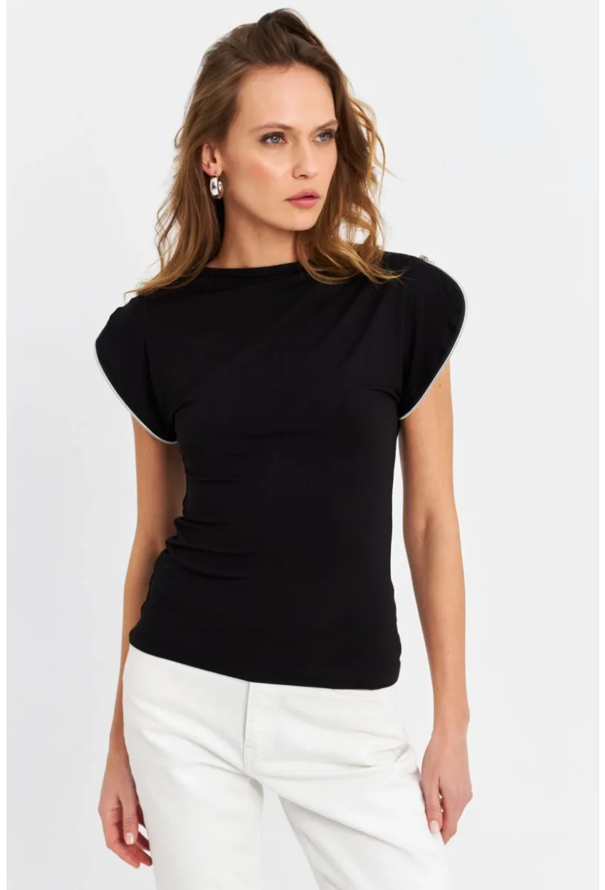 Kadın Siyah Omuzları Fermuarlı Bluz EY3062