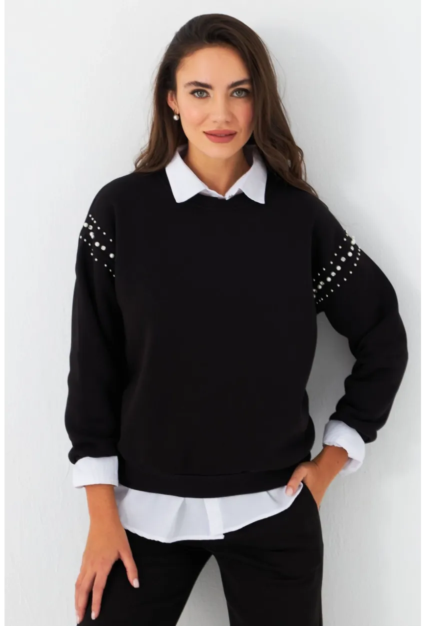 Kadın Siyah Omuzları İnci Detaylı Sweatshirt DY1424