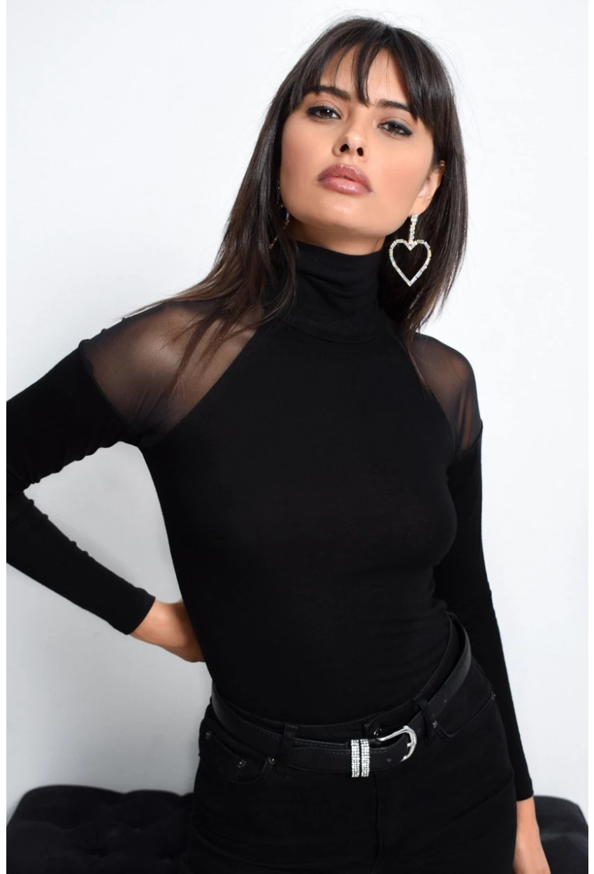 Kadın Siyah Omuzları Tül Bluz TZ2075