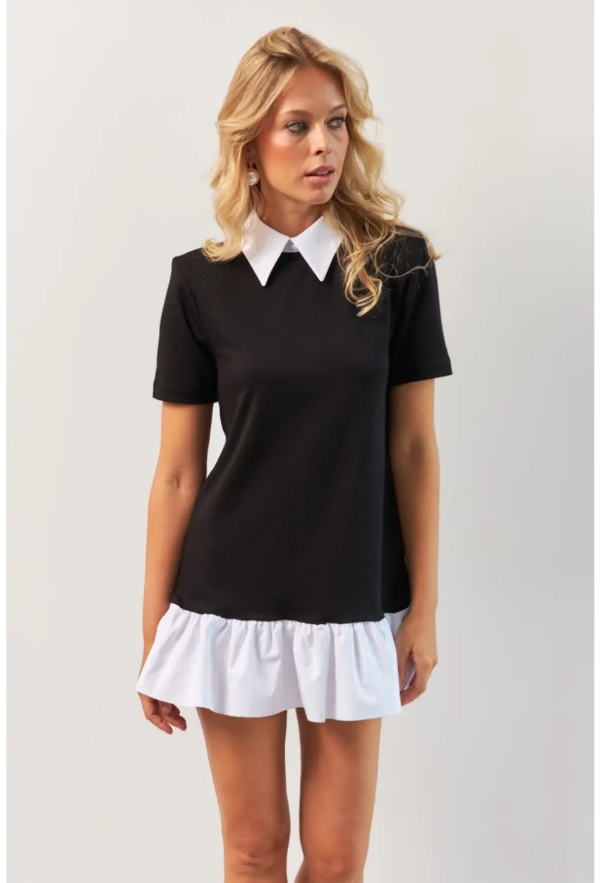 Kadın Siyah Omuzları Vatkalı Volanlı Mini Elbise KED4247