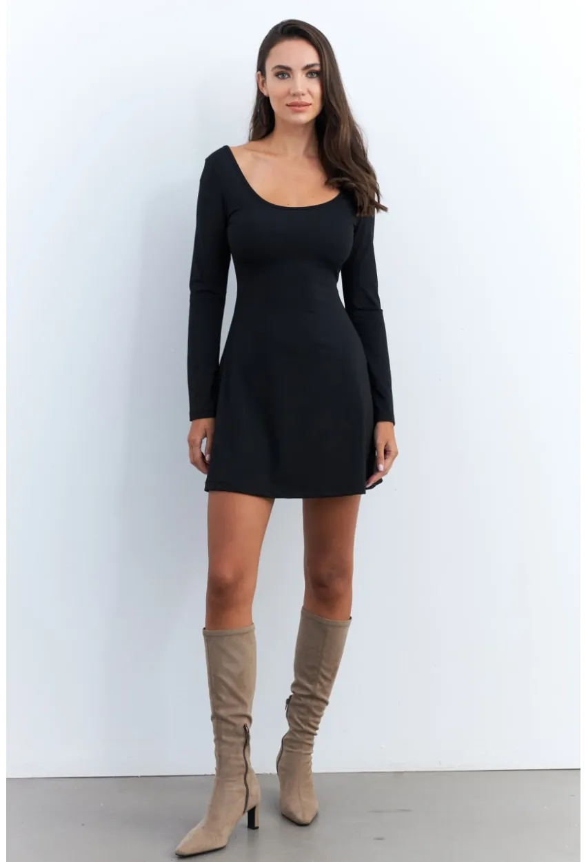 Kadın Siyah Ön Arka U Mini Elbise DMR400