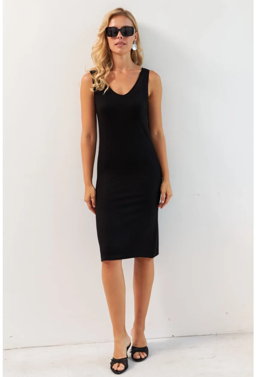 Kadın Siyah Ön Arka V Midi Elbise RX440