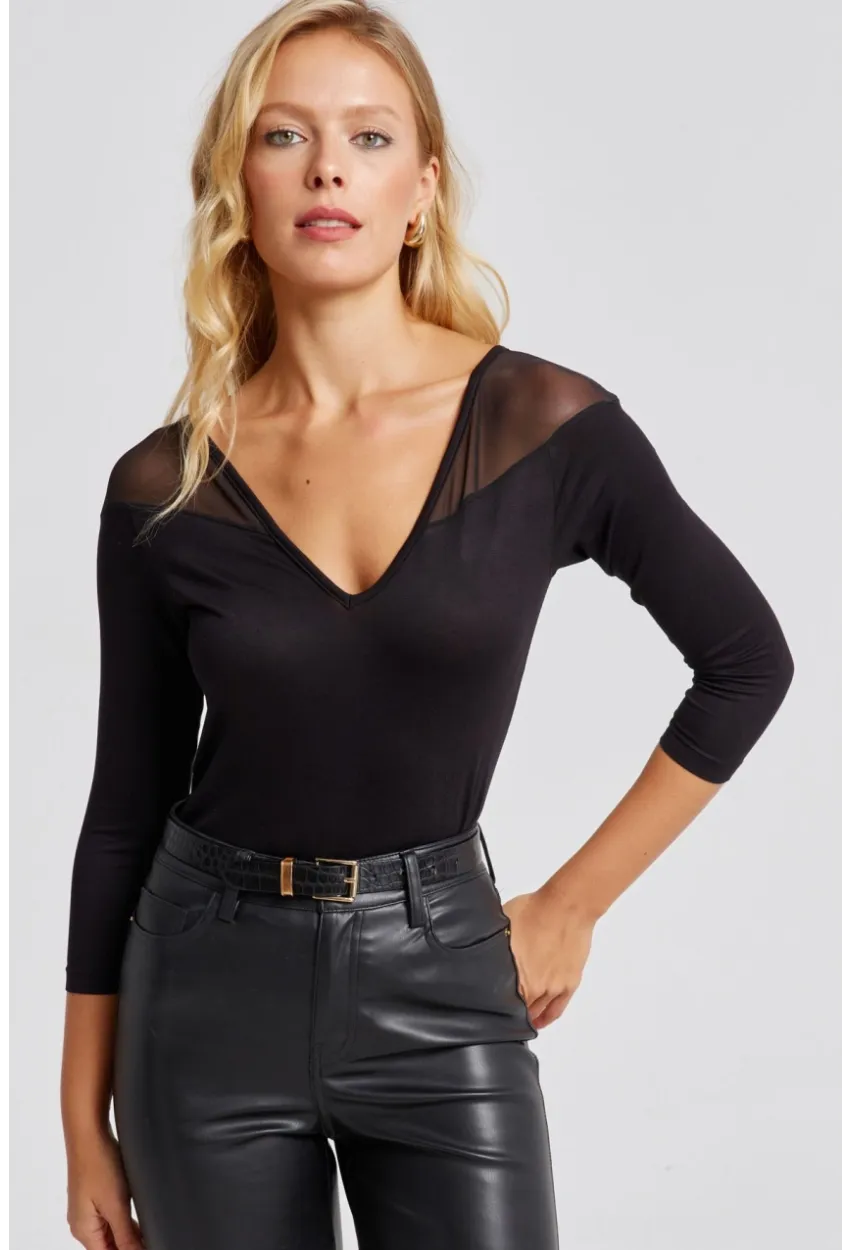 Kadın Siyah Ön Arka V Tül Detaylı Bluz Yİ2502