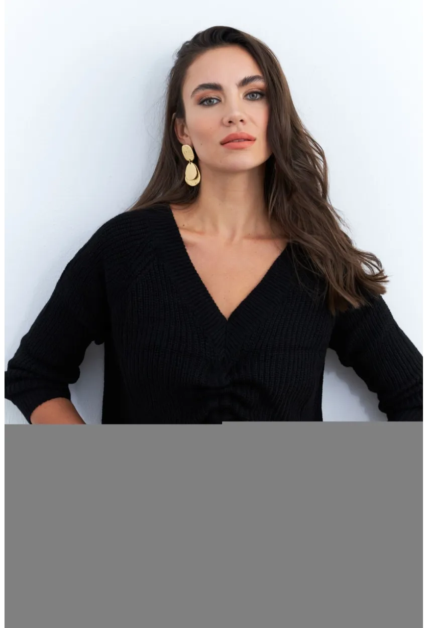 Kadın Siyah Önü Arka V Önü Büzgülü Kazak KAZ29