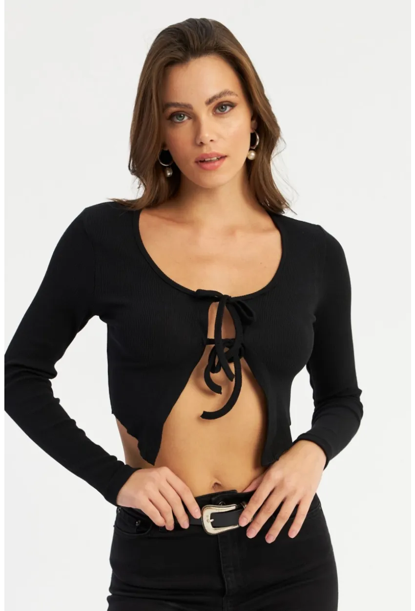 Kadın Siyah Önü Bağlamalı Kaşkorse Crop Bluz AYD381