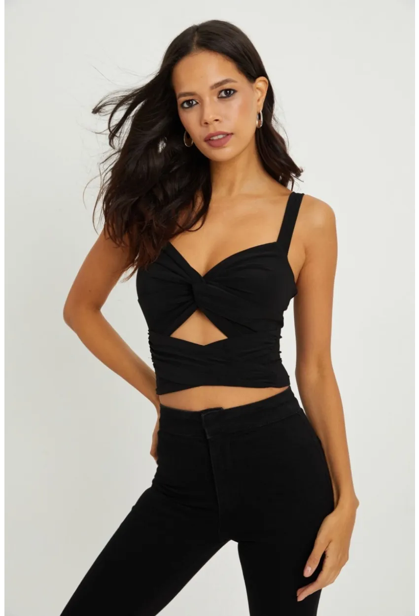 Kadın Siyah Önü Büzgülü Crop Bluz B189