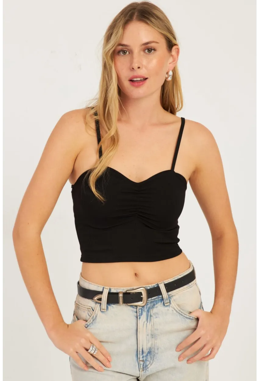 Kadın Siyah Önü Büzgülü Crop Bluz CG339