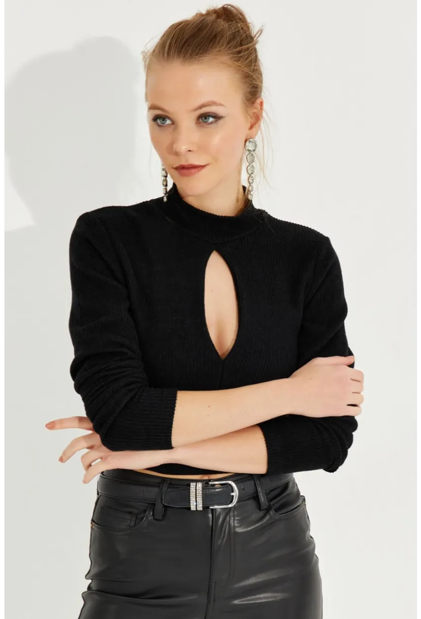Kadın Siyah Önü Damla Crop Bluz LPP1243