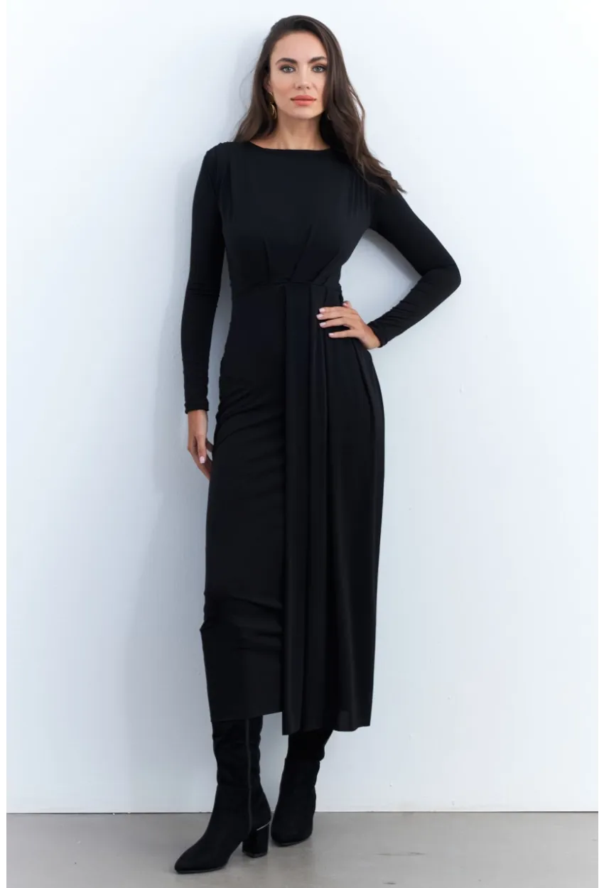 Kadın Siyah Önü Drapeli Maxi Elbise SHR5