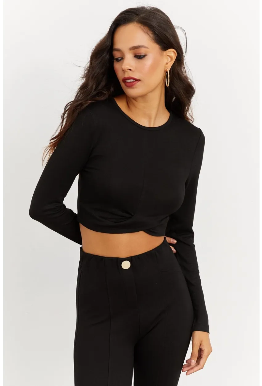 Kadın Siyah Önü Düğümlü Kısa Bluz B1877