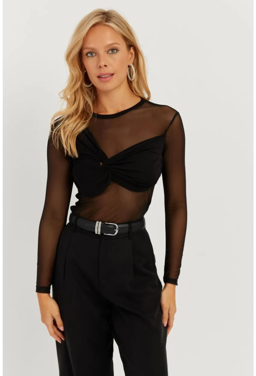 Kadın Siyah Önü Düğümlü Tül Bluz KS118