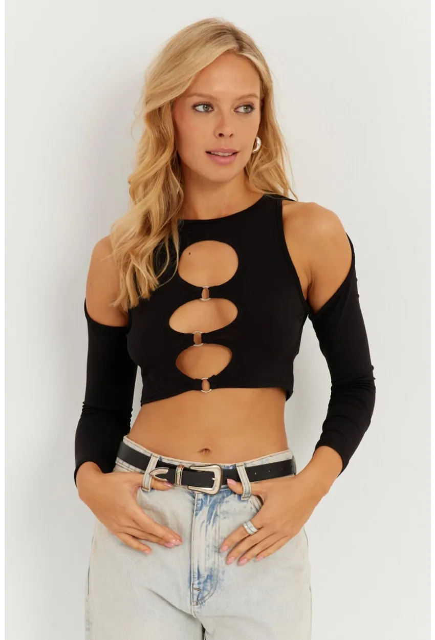 Kadın Siyah Önü Halkalı Crop Bluz MEN2038