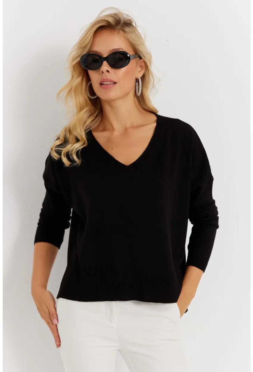 Kadın Siyah Önü Kısa Triko Kazak YİL551
