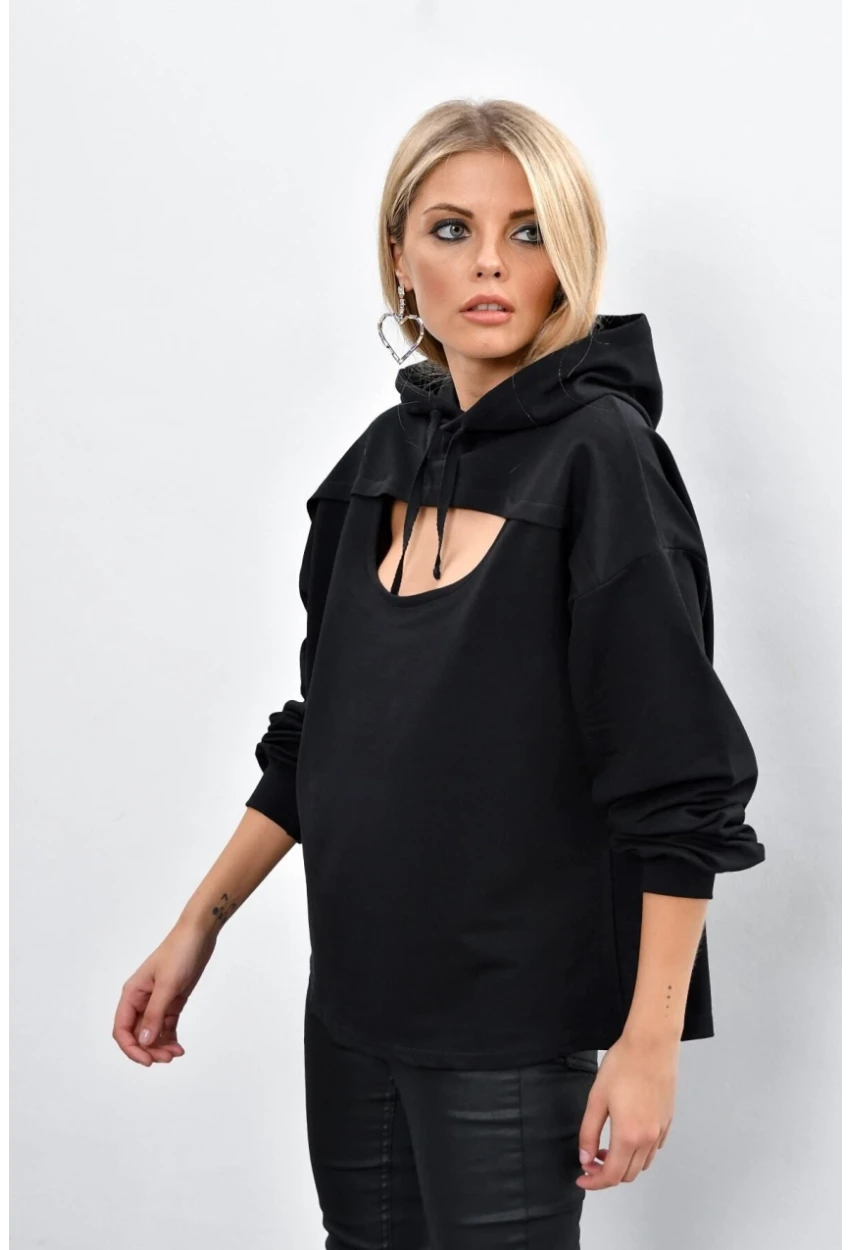 Kadın Siyah Önü Pencereli Kapüşonlu Sweatshirt Yİ1669