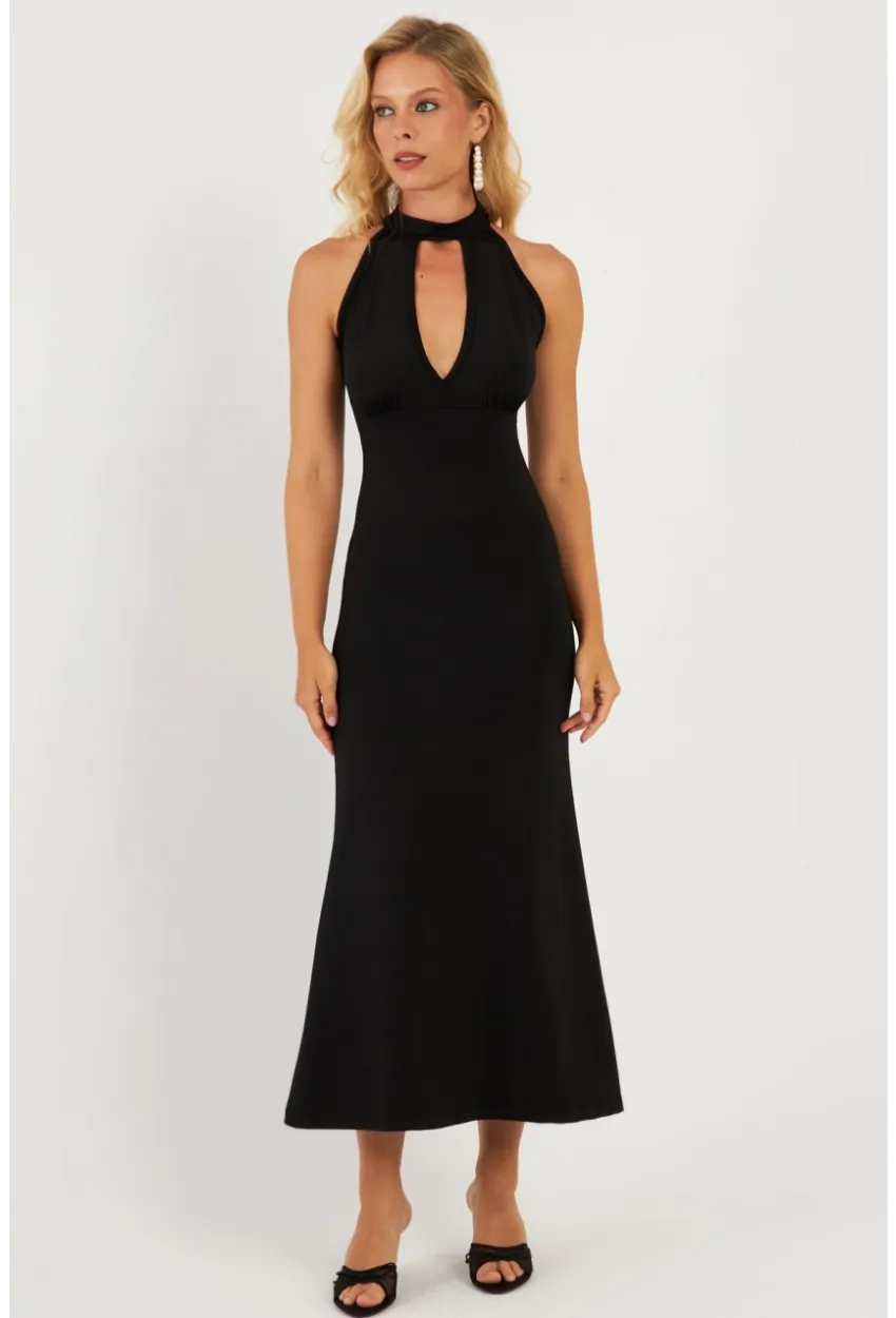 Kadın Siyah Önü Pencereli Midi Elbise EY2849