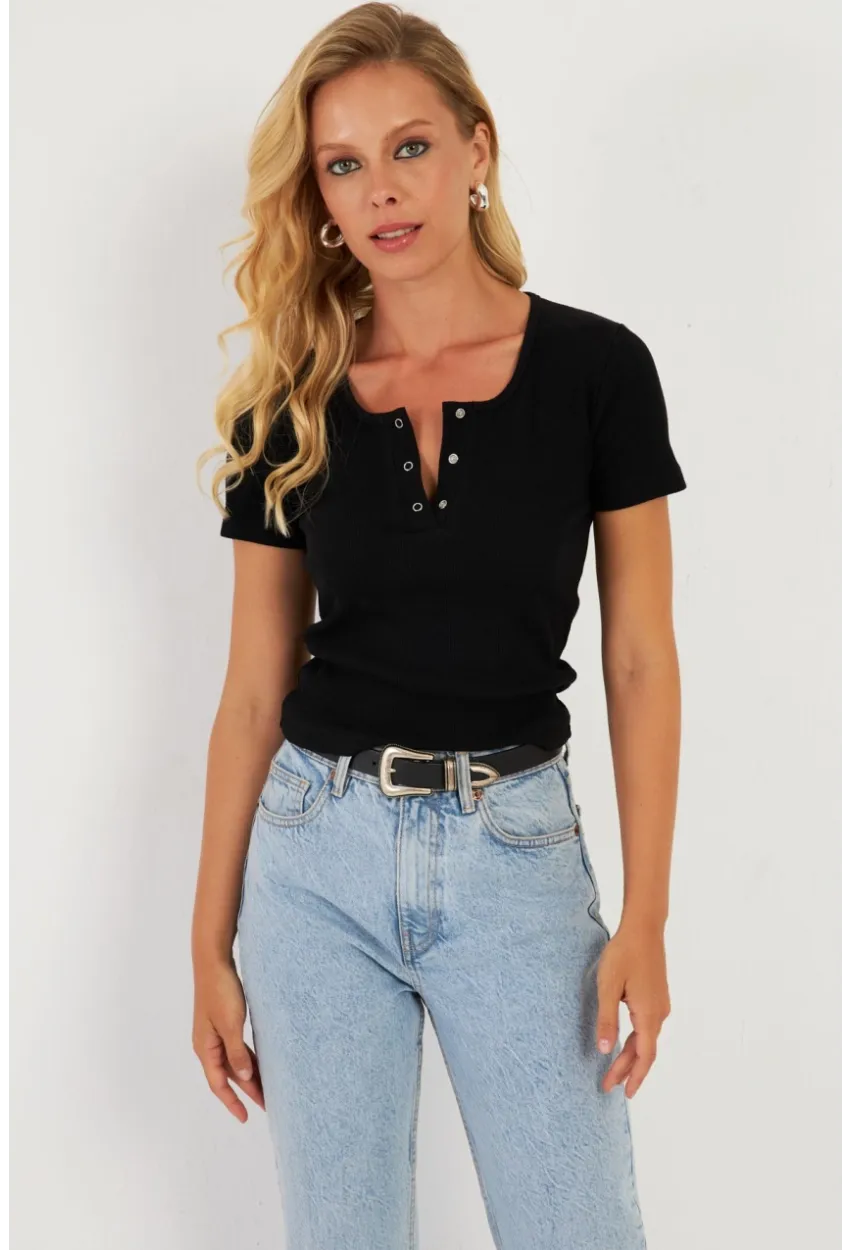 Kadın Siyah Patlı Kaşkorse Bluz XL2021