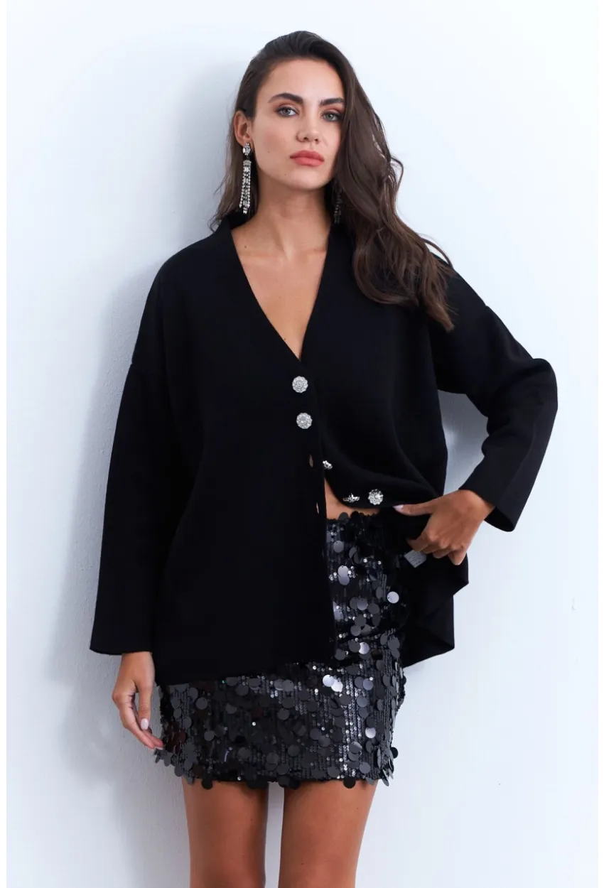 Kadın Siyah Payetli Astarlı Mini Etek YNT2442