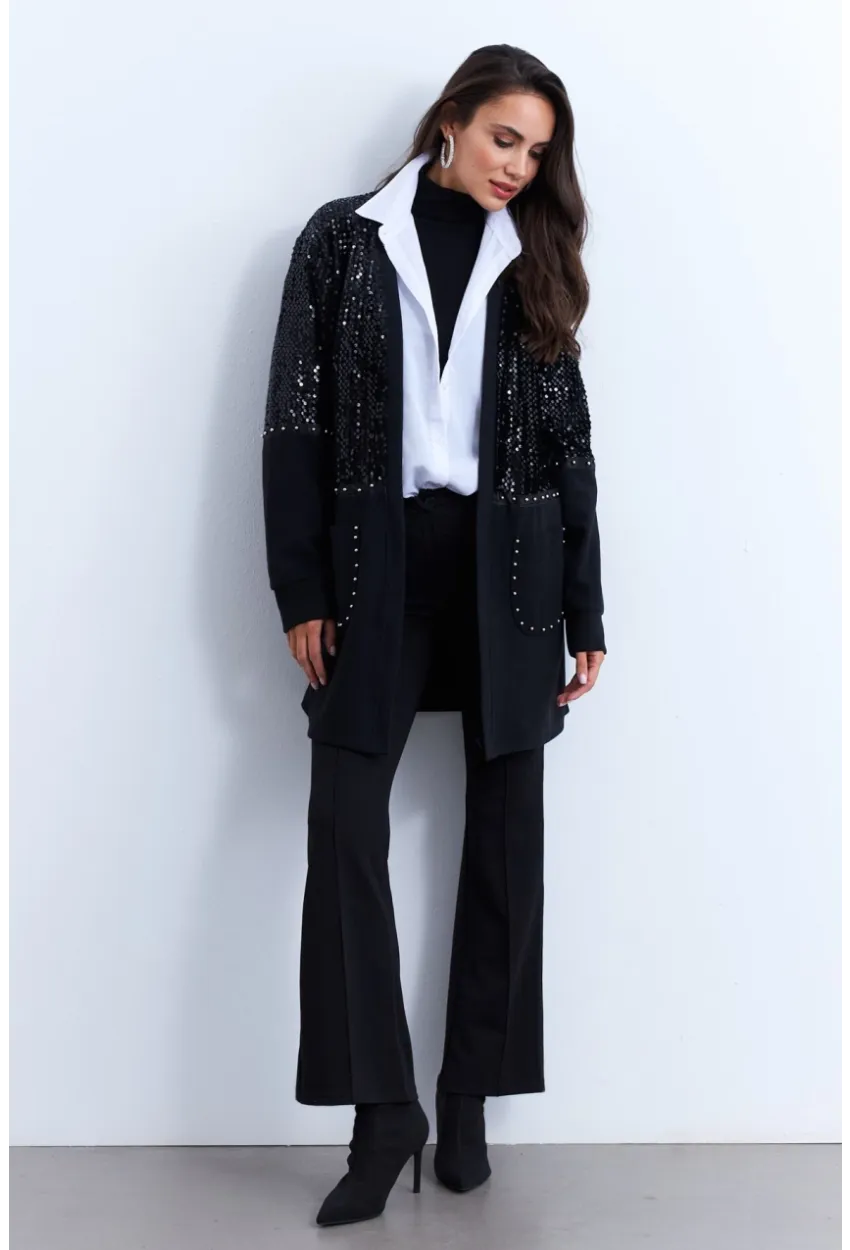 Kadın Siyah Payetli Cepli Zımbalı Hırka MPK810