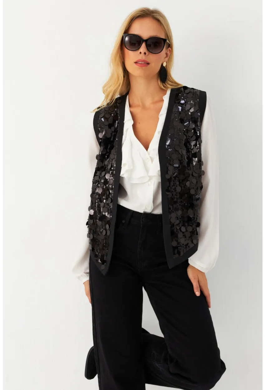 Kadın Siyah Payetli Yelek QS5938
