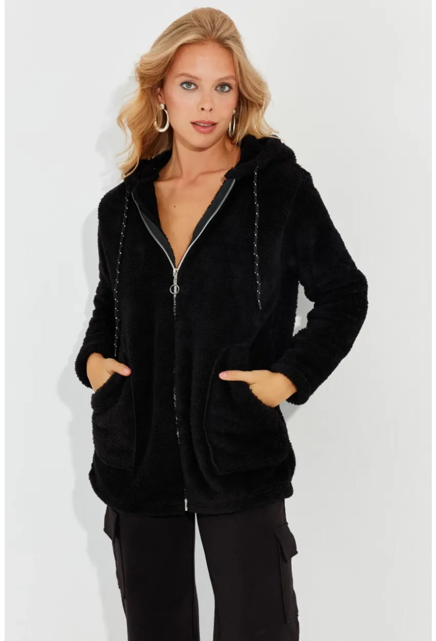 Kadın Siyah Peluş Fermuarlı Ceket Q979