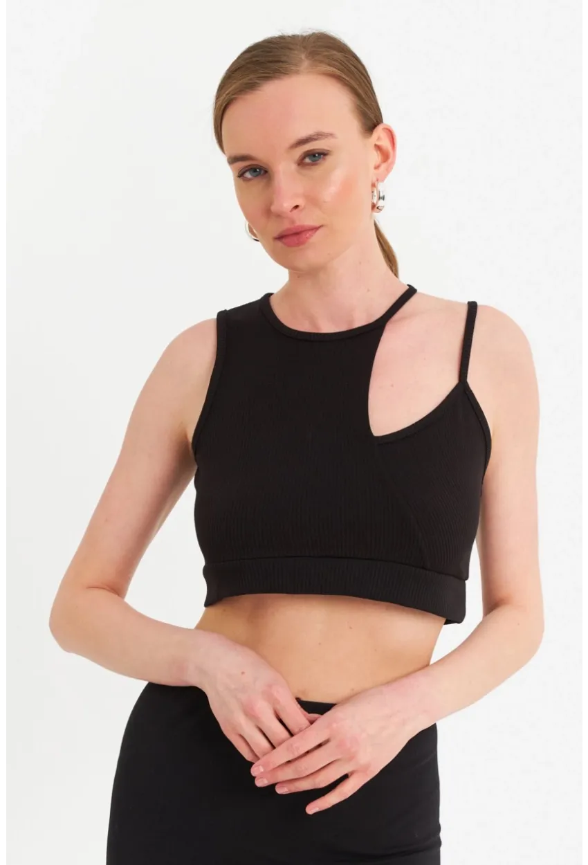 Kadın Siyah Pencereli Crop Bluz UR875