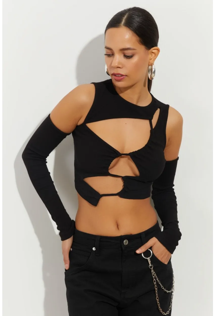Kadın Siyah Pencereli Kaşkorse Crop Bluz B2403