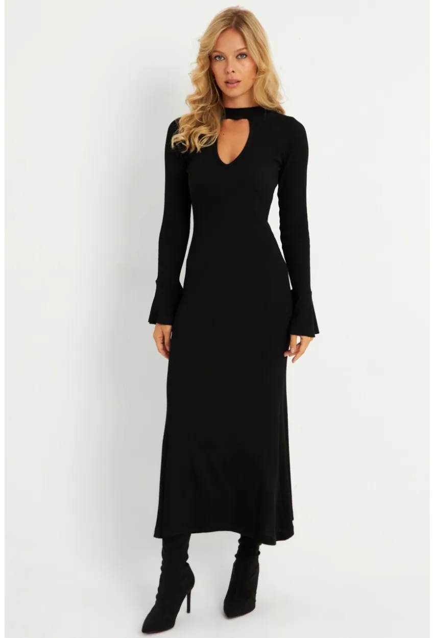 Kadın Siyah Pencereli Kaşkorse Midi Elbise EY2907