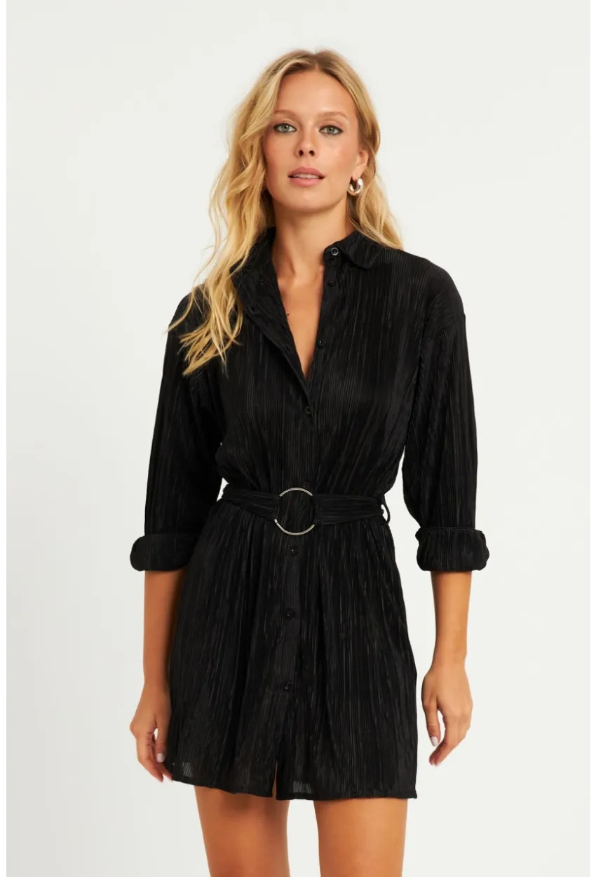 Kadın Siyah Piliseli Kemerli Mini Elbise TW70124-90