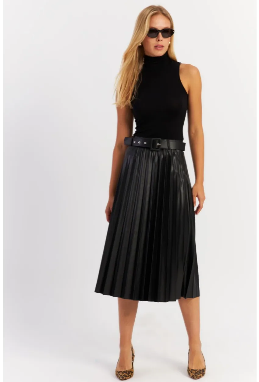 Kadın Siyah Plili Suni Deri Kemerli Mini Etek ELA200066