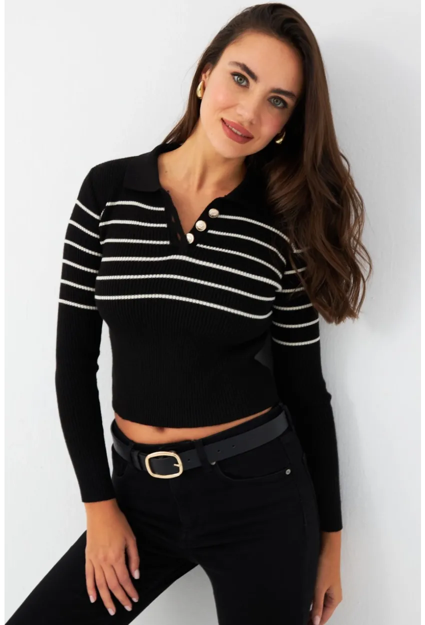 Kadın Siyah Polo Yaka Çizgili Triko Bluz MK65