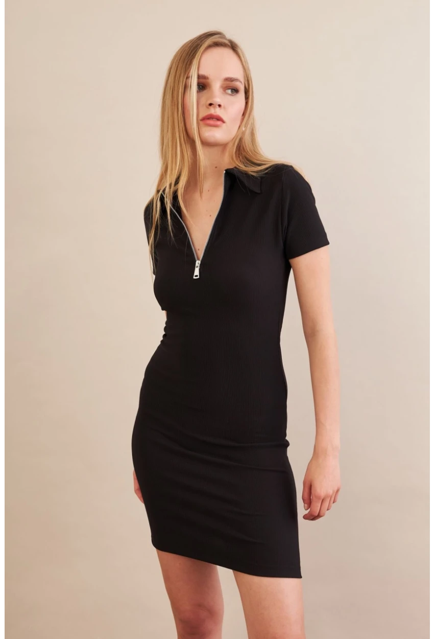 Kadın Siyah Polo Yaka Fermuarlı Mini Elbise MOD1994